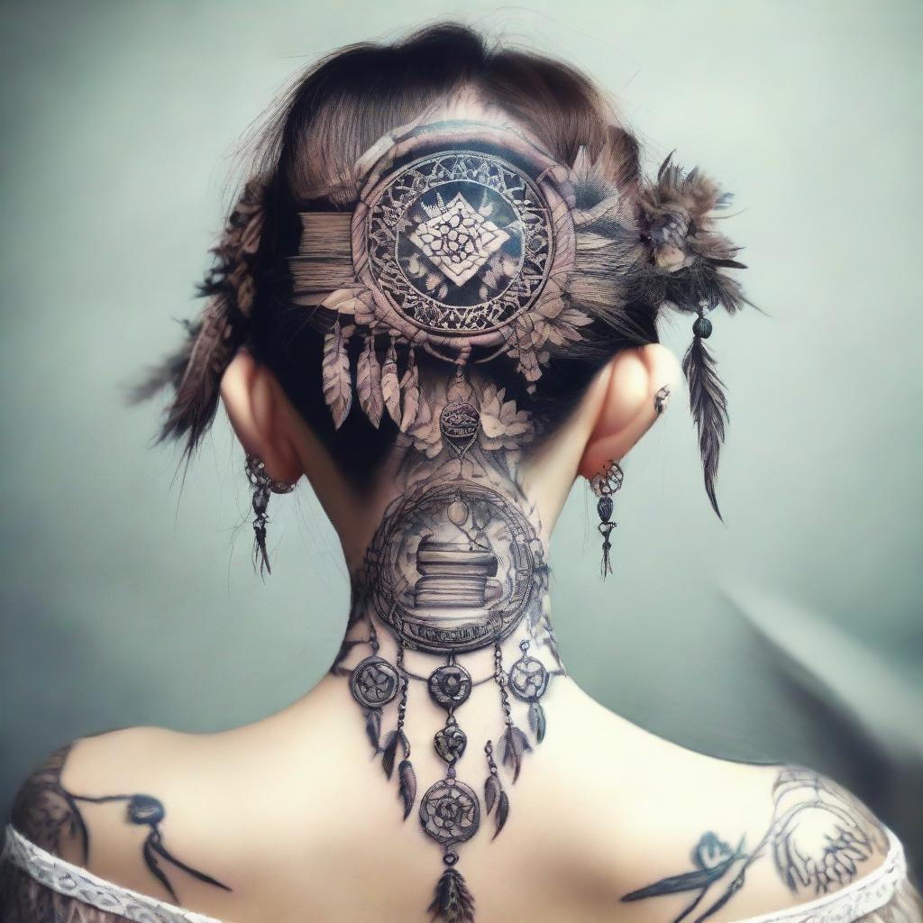 An elegant nape of the neck tattoo design showcasing a fusion of books and dream catchers.