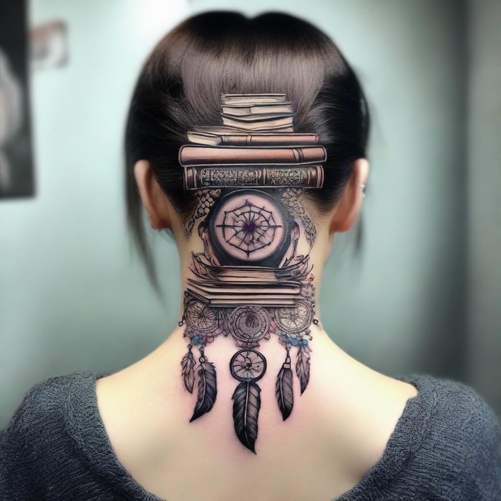 An elegant nape of the neck tattoo design showcasing a fusion of books and dream catchers.