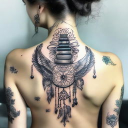 An elegant nape of the neck tattoo design showcasing a fusion of books and dream catchers.