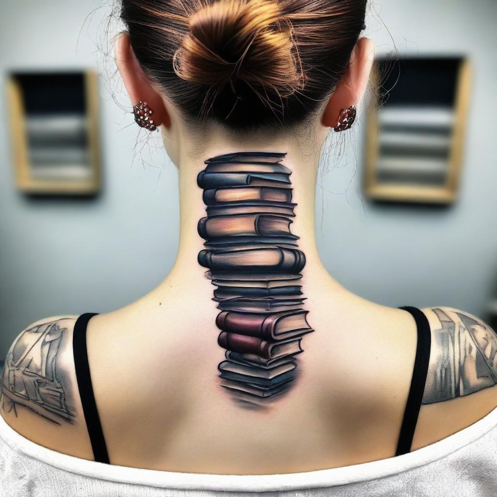 A detailed nape of the neck tattoo featuring a representation of a stack of books.