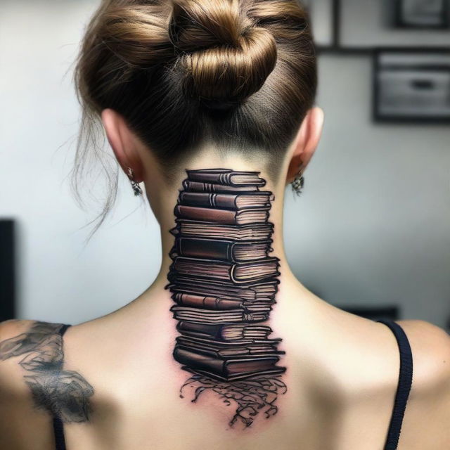 A detailed nape of the neck tattoo featuring a representation of a stack of books.