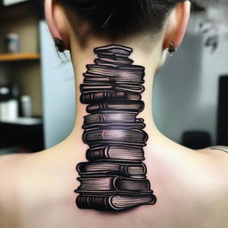 A detailed nape of the neck tattoo featuring a representation of a stack of books.