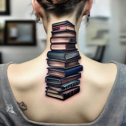 A detailed nape of the neck tattoo featuring a representation of a stack of books.