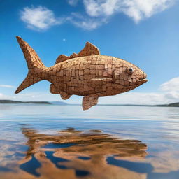 A large fish made entirely out of cork, floating on water with a backdrop of a clear sky.