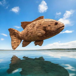 A large fish made entirely out of cork, floating on water with a backdrop of a clear sky.