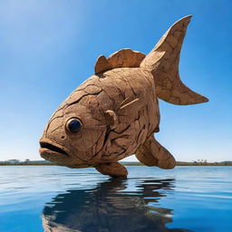 A large fish made entirely out of cork, floating on water with a backdrop of a clear sky.