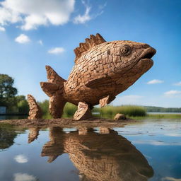 A large fish made entirely out of cork, floating on water with a backdrop of a clear sky.