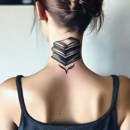 A tasteful nape of the neck tattoo symbolizing love for reading, showcasing a book or a stack of books.