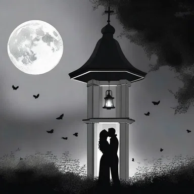 Under the moonlit sky, as the church bell chimed, they shared a passionate kiss.