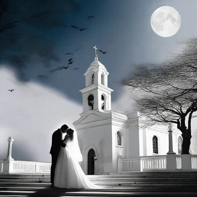 Under the moonlit sky, as the church bell chimed, they shared a passionate kiss.