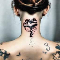 A tasteful nape of the neck tattoo symbolizing love for reading, showcasing a book or a stack of books.