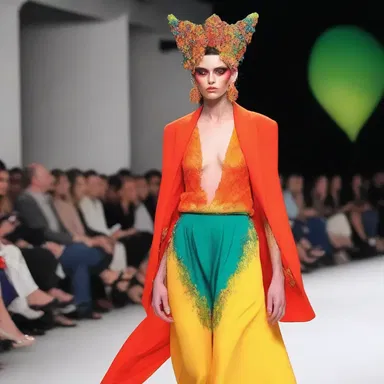 The fashion show featured a glamorous model wearing a trendy outfit inspired by the vibrant colors of the rhesus monkey.