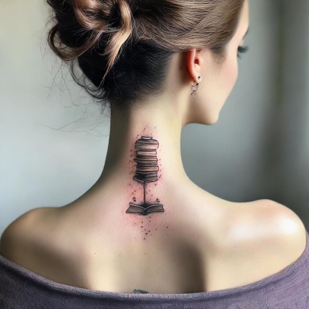 A tasteful nape of the neck tattoo symbolizing love for reading, showcasing a book or a stack of books.