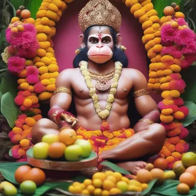 In certain religious ceremonies, devotees offer fruits and flowers to the idol of Lord Hanuman, who is often depicted as a rhesus monkey in Hindu mythology.