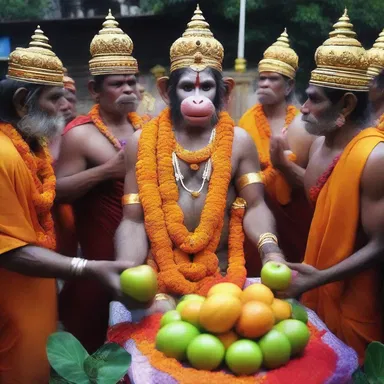 In certain religious ceremonies, devotees offer fruits and flowers to the idol of Lord Hanuman, who is often depicted as a rhesus monkey in Hindu mythology.