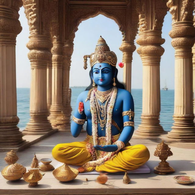 A serene scene showing Lord Krishna in a yoga posture with half-opened eyes next to his sacred objects: a conch shell, Sudarshan Chakra and mace, at the temple of Dwarka. Ancient palaces and the flowing River Gomti envelop the environment, casting a lovely, tranquil atmosphere.