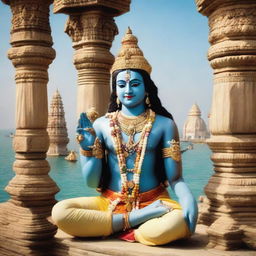 A serene scene showing Lord Krishna in a yoga posture with half-opened eyes next to his sacred objects: a conch shell, Sudarshan Chakra and mace, at the temple of Dwarka. Ancient palaces and the flowing River Gomti envelop the environment, casting a lovely, tranquil atmosphere.