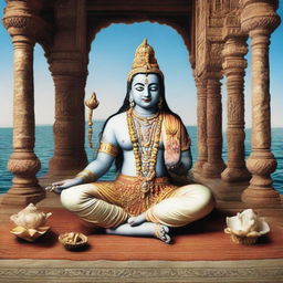 A serene scene showing Lord Krishna in a yoga posture with half-opened eyes next to his sacred objects: a conch shell, Sudarshan Chakra and mace, at the temple of Dwarka. Ancient palaces and the flowing River Gomti envelop the environment, casting a lovely, tranquil atmosphere.