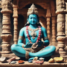 A serene scene showing Lord Krishna in a yoga posture with half-opened eyes next to his sacred objects: a conch shell, Sudarshan Chakra and mace, at the temple of Dwarka. Ancient palaces and the flowing River Gomti envelop the environment, casting a lovely, tranquil atmosphere.