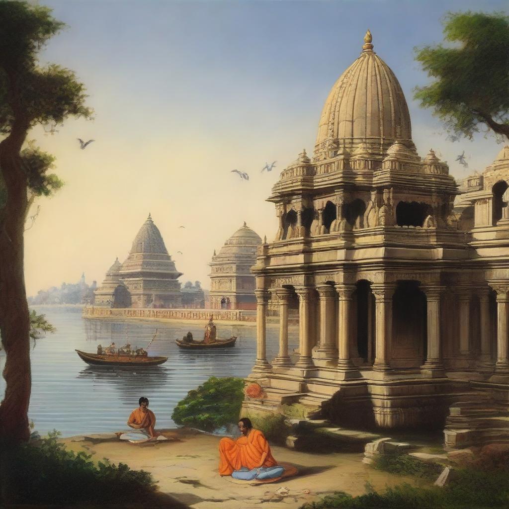 A peaceful scene featuring the temple of Dwarka in the distance. Lord Krishna sits nearby in a yoga posture, his eyes half open and closed. A conch shell, Sudarshan Chakra, and mace lie next to him. Old palaces and the River Gomti add to the lovely atmosphere.