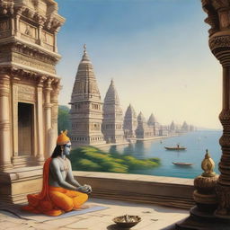 A peaceful scene featuring the temple of Dwarka in the distance. Lord Krishna sits nearby in a yoga posture, his eyes half open and closed. A conch shell, Sudarshan Chakra, and mace lie next to him. Old palaces and the River Gomti add to the lovely atmosphere.