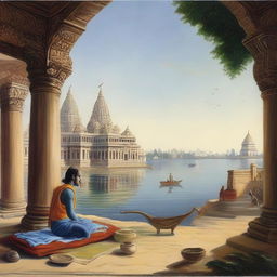 A peaceful scene featuring the temple of Dwarka in the distance. Lord Krishna sits nearby in a yoga posture, his eyes half open and closed. A conch shell, Sudarshan Chakra, and mace lie next to him. Old palaces and the River Gomti add to the lovely atmosphere.