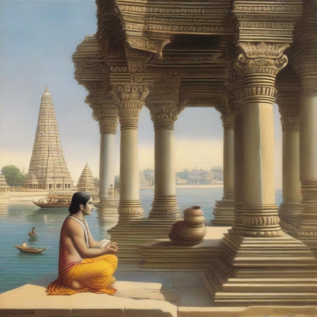 A peaceful scene featuring the temple of Dwarka in the distance. Lord Krishna sits nearby in a yoga posture, his eyes half open and closed. A conch shell, Sudarshan Chakra, and mace lie next to him. Old palaces and the River Gomti add to the lovely atmosphere.