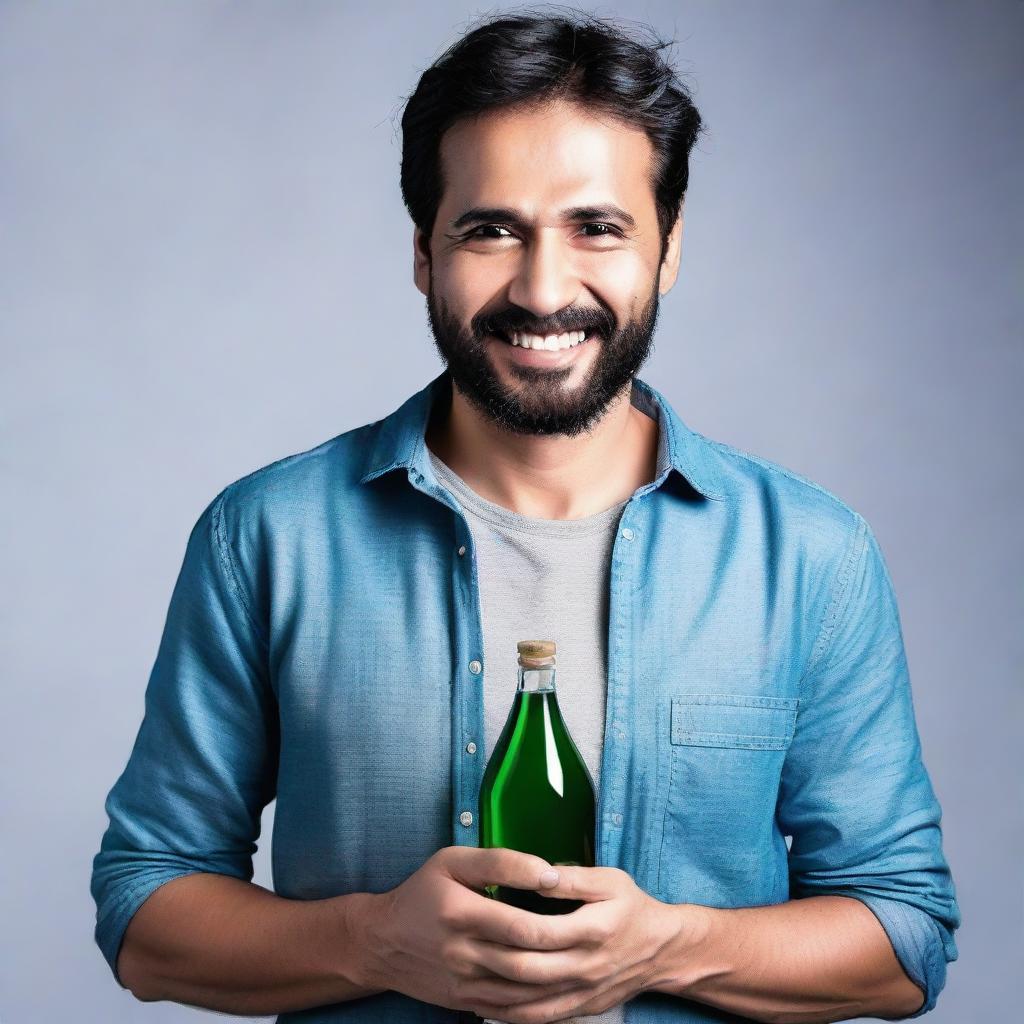 A man in casual clothing holding a glass bottle in his hand confidently.