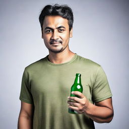 A man in casual clothing holding a glass bottle in his hand confidently.