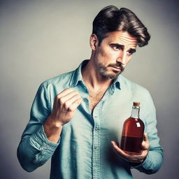 A sophisticated man in a casual outfit holding a vintage glass bottle with an intrigued expression.