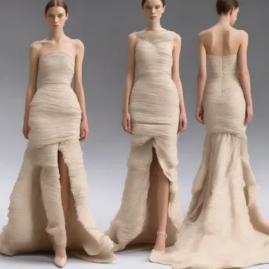 The fashion designer used a technique to dehydrate the fabric, creating a wrinkled and textured effect on the dress.
