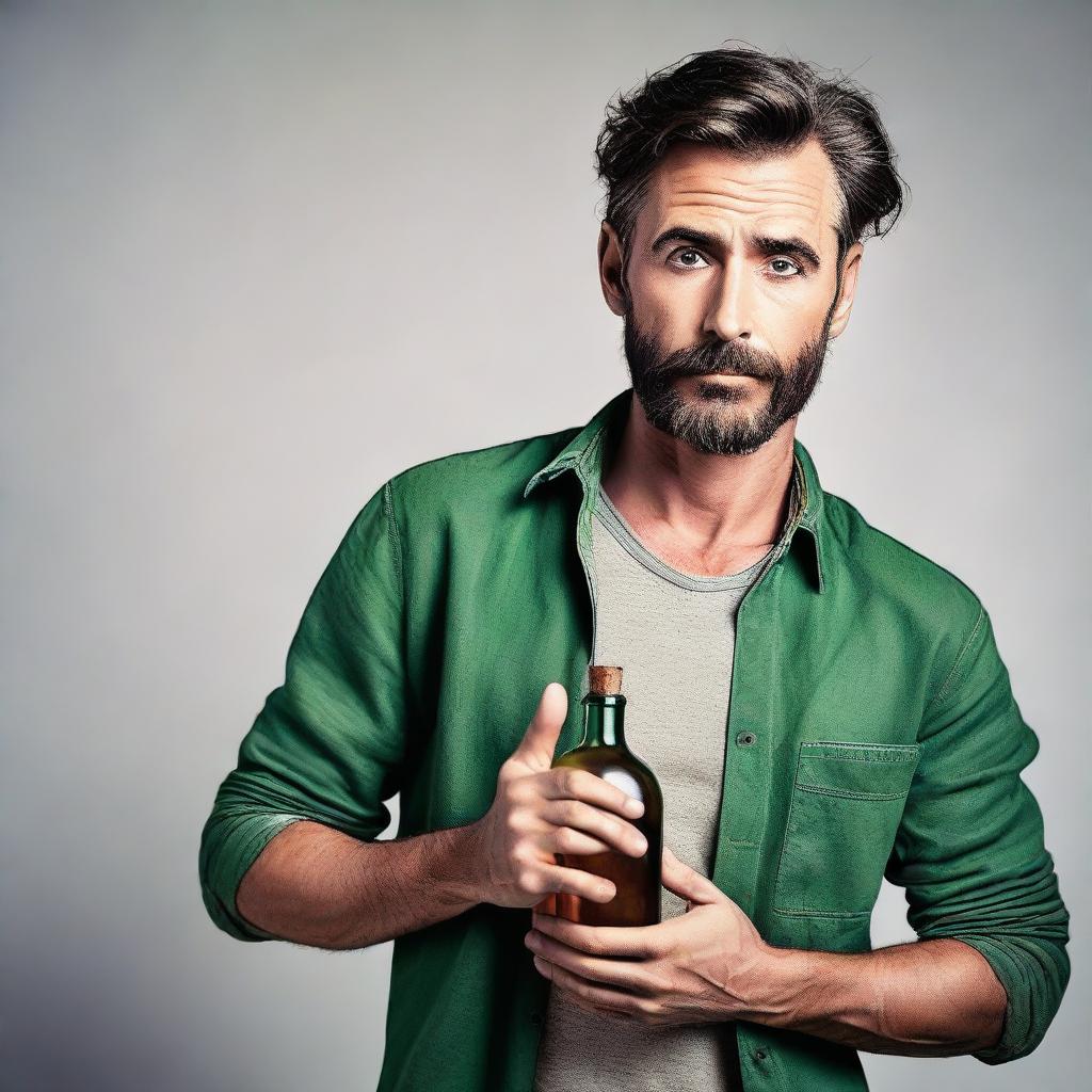 A sophisticated man in a casual outfit holding a vintage glass bottle with an intrigued expression.