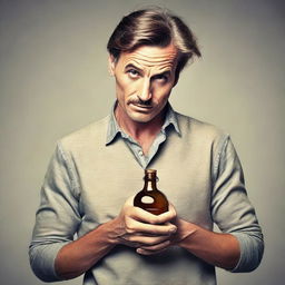 A sophisticated man in a casual outfit holding a vintage glass bottle with an intrigued expression.