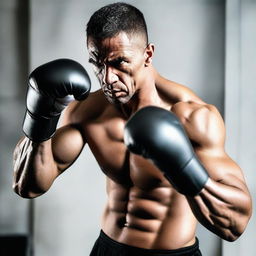 A muscular man with a focused expression, mid-punch in the air simulating a boxing practice.