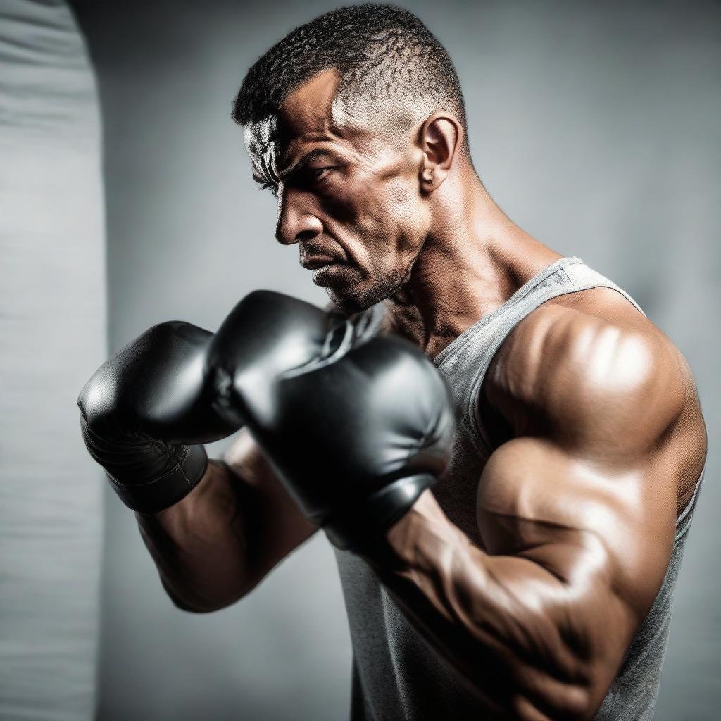 A muscular man with a focused expression, mid-punch in the air simulating a boxing practice.