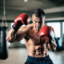 A muscular man with a focused expression, mid-punch in the air simulating a boxing practice.