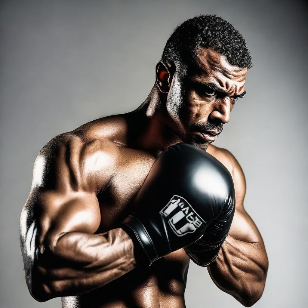 A muscular man with a focused expression, mid-punch in the air simulating a boxing practice.