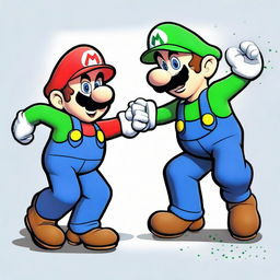 An illustration of the video game characters, Mario and Luigi, where Mario is playfully throwing a punch towards Luigi.