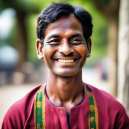 Portrait of a Bangladeshi man with traditional attire, displaying a warm, friendly smile.