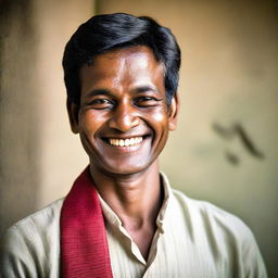 Portrait of a Bangladeshi man with traditional attire, displaying a warm, friendly smile.