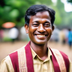 Portrait of a Bangladeshi man with traditional attire, displaying a warm, friendly smile.