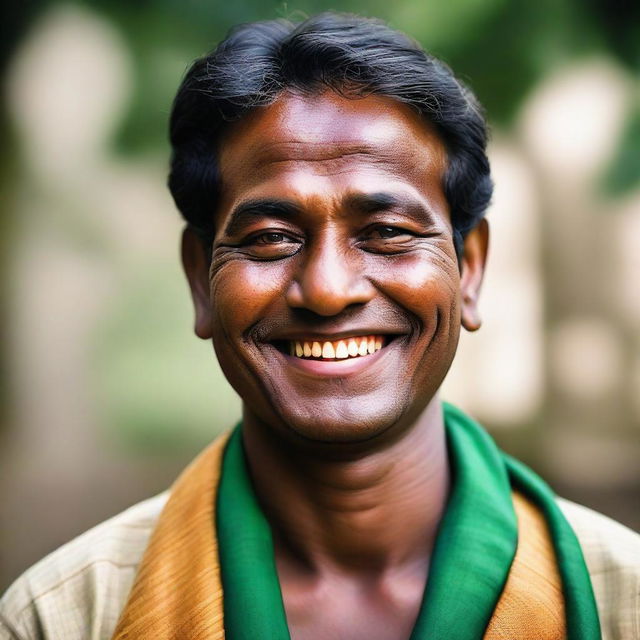 Portrait of a Bangladeshi man with traditional attire, displaying a warm, friendly smile.