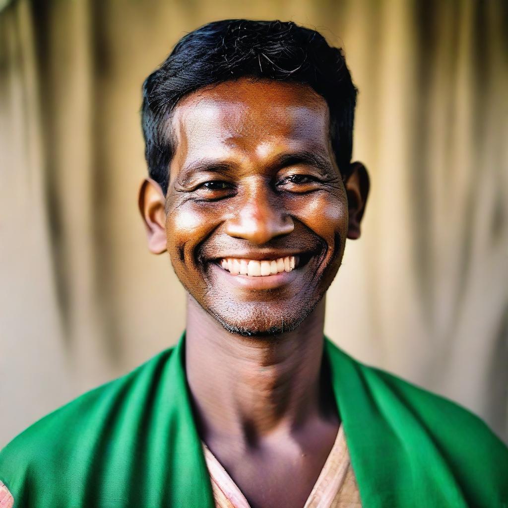 Portrait of a Bangladeshi man in traditional attire, beaming a friendly smile.