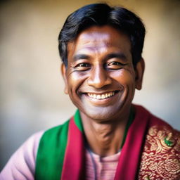 Portrait of a Bangladeshi man in traditional attire, beaming a friendly smile.