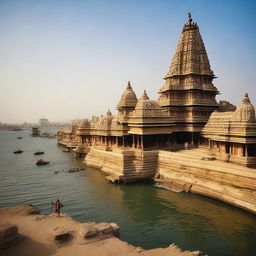 Distant view of Jagat temple of Dwarka, with Lord Krishna seated aside, partially opening his eyelids. His conch shell, Sudarshan Chakra and mace lie nearby. The surroundings are steeped in beauty, filled with old palaces adorned with intricate carvings. The peaceful River Gomti flows alongside.