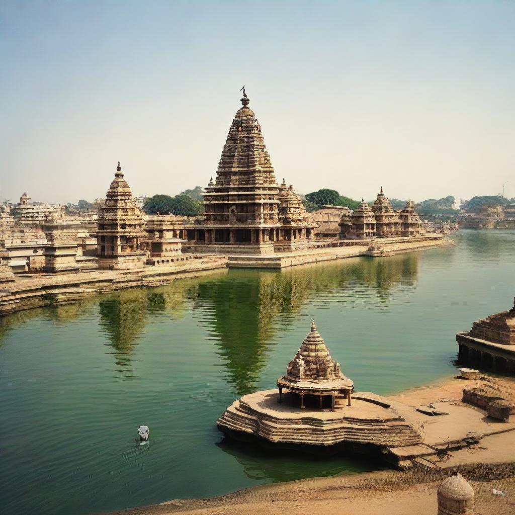 Distant view of Jagat temple of Dwarka, with Lord Krishna seated aside, partially opening his eyelids. His conch shell, Sudarshan Chakra and mace lie nearby. The surroundings are steeped in beauty, filled with old palaces adorned with intricate carvings. The peaceful River Gomti flows alongside.