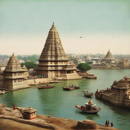 Distant view of Jagat temple of Dwarka, with Lord Krishna seated aside, partially opening his eyelids. His conch shell, Sudarshan Chakra and mace lie nearby. The surroundings are steeped in beauty, filled with old palaces adorned with intricate carvings. The peaceful River Gomti flows alongside.