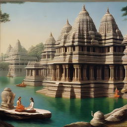 A captivating image of the distant Jagat temple of Dwarika with Lord Krishna meditatively seated, half-opening his eyelids. Sacred objects, a conch shell, Sudarshan Chakra, and mace lie near him. The scenery is dotted with venerable buildings exhibiting intricate carvings, and alongside, the River Gomati flows peacefully.