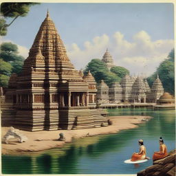 A captivating image of the distant Jagat temple of Dwarika with Lord Krishna meditatively seated, half-opening his eyelids. Sacred objects, a conch shell, Sudarshan Chakra, and mace lie near him. The scenery is dotted with venerable buildings exhibiting intricate carvings, and alongside, the River Gomati flows peacefully.