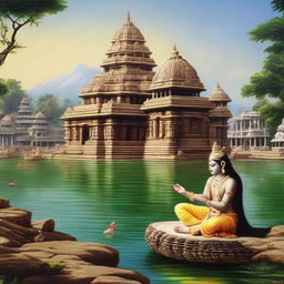 A captivating image of the distant Jagat temple of Dwarika with Lord Krishna meditatively seated, half-opening his eyelids. Sacred objects, a conch shell, Sudarshan Chakra, and mace lie near him. The scenery is dotted with venerable buildings exhibiting intricate carvings, and alongside, the River Gomati flows peacefully.